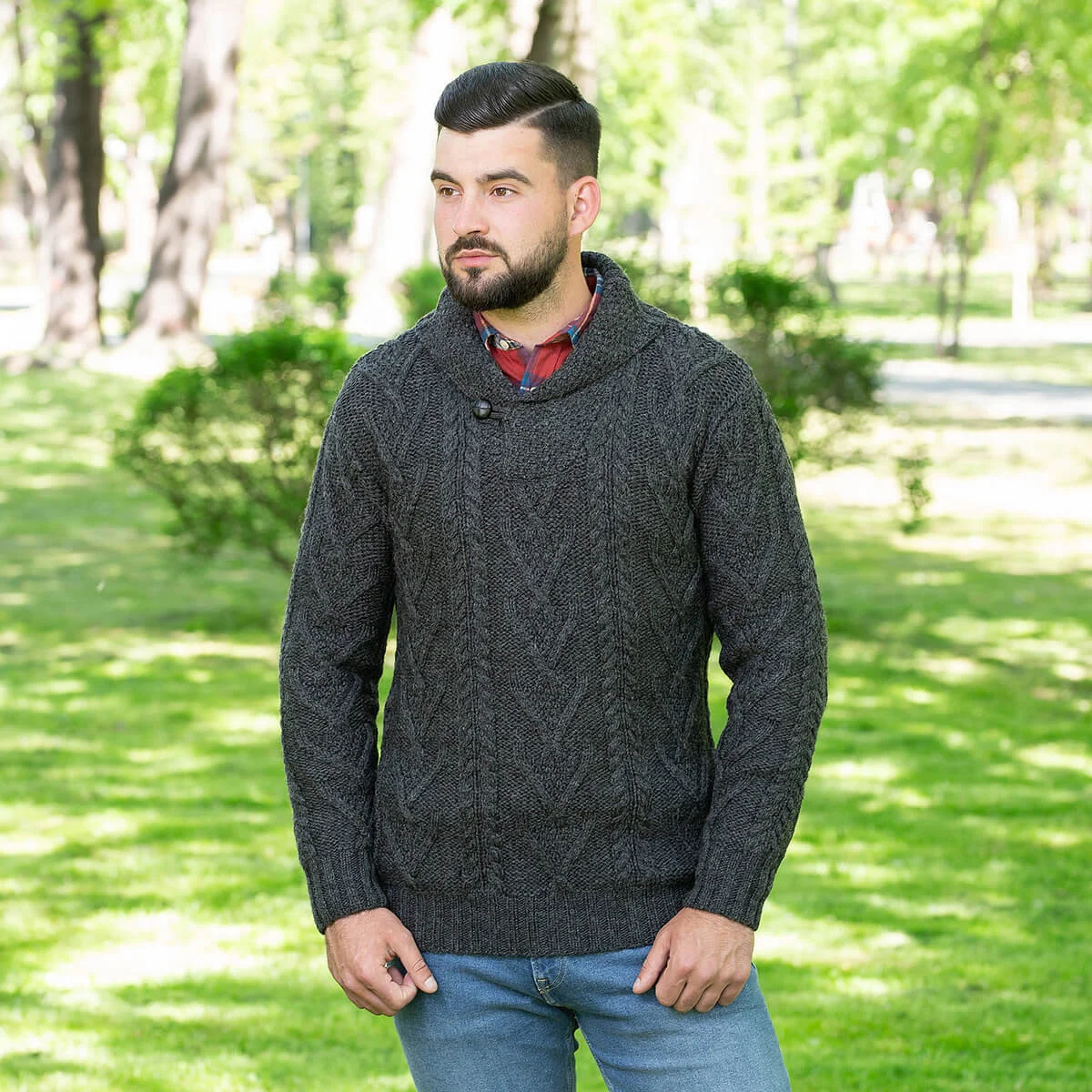 Men’s Merino Wool Shawl Collar Sweater – Single Button Irish Knit - Image 12 | Caelmoon