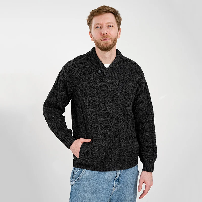 Men’s Merino Wool Shawl Collar Sweater – Single Button Irish Knit - Image 14 | Caelmoon