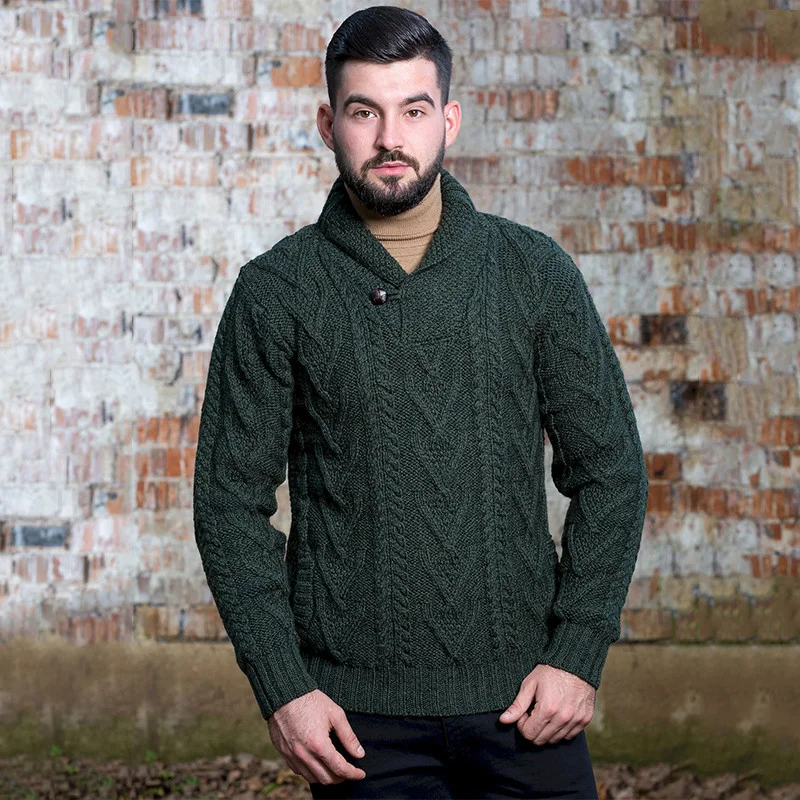 Men’s Merino Wool Shawl Collar Sweater – Single Button Irish Knit - Image 3 | Caelmoon