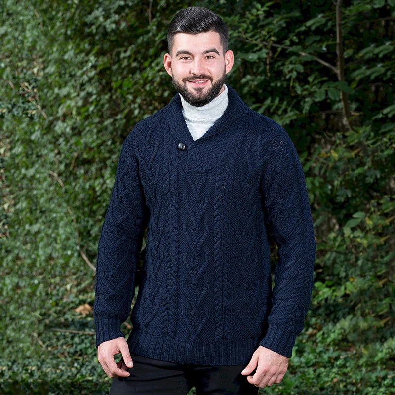 Men’s Merino Wool Shawl Collar Sweater – Single Button Irish Knit - Image 4 | Caelmoon