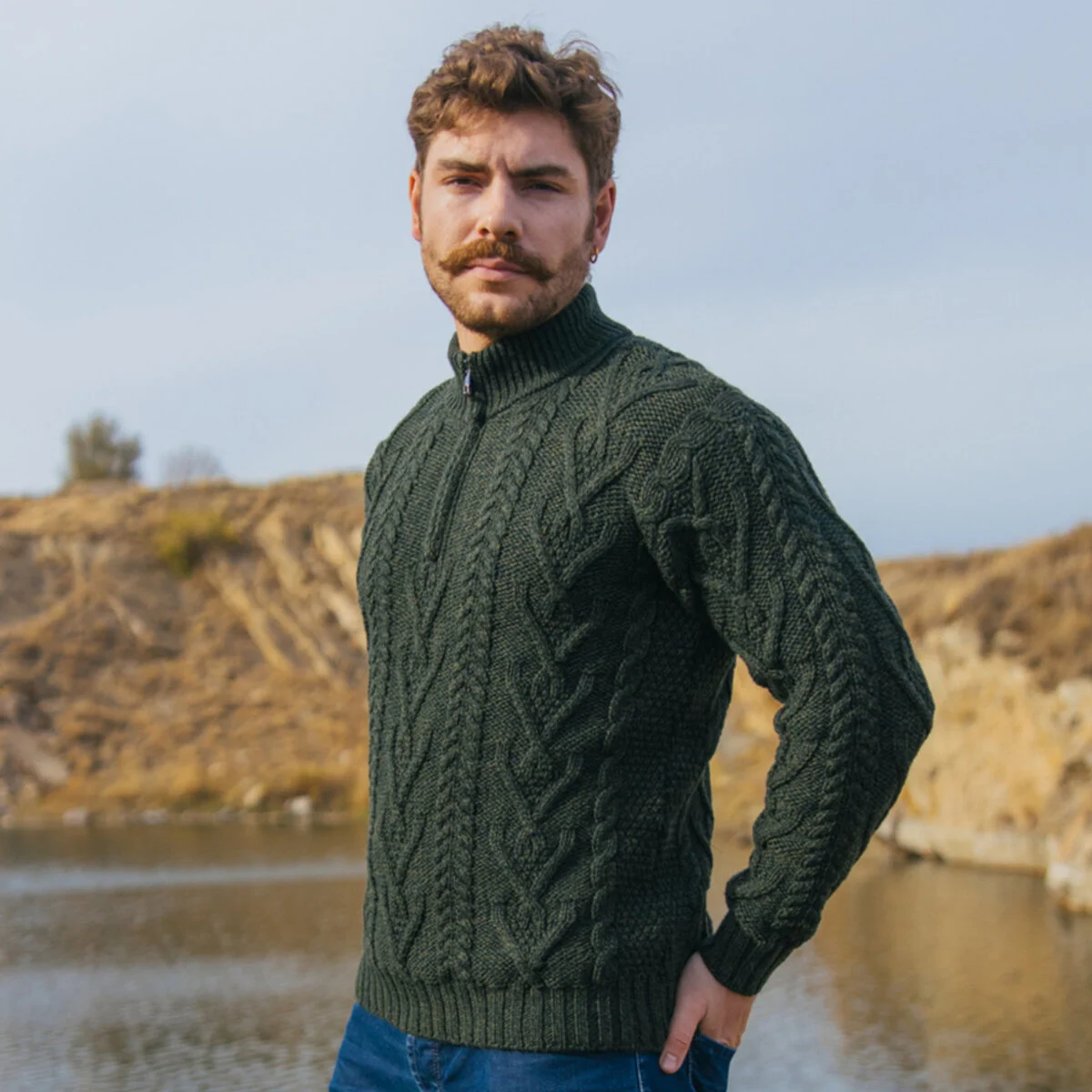 Merino Wool Aran Knit Men's Zip Sweater - Image 10 | Caelmoon