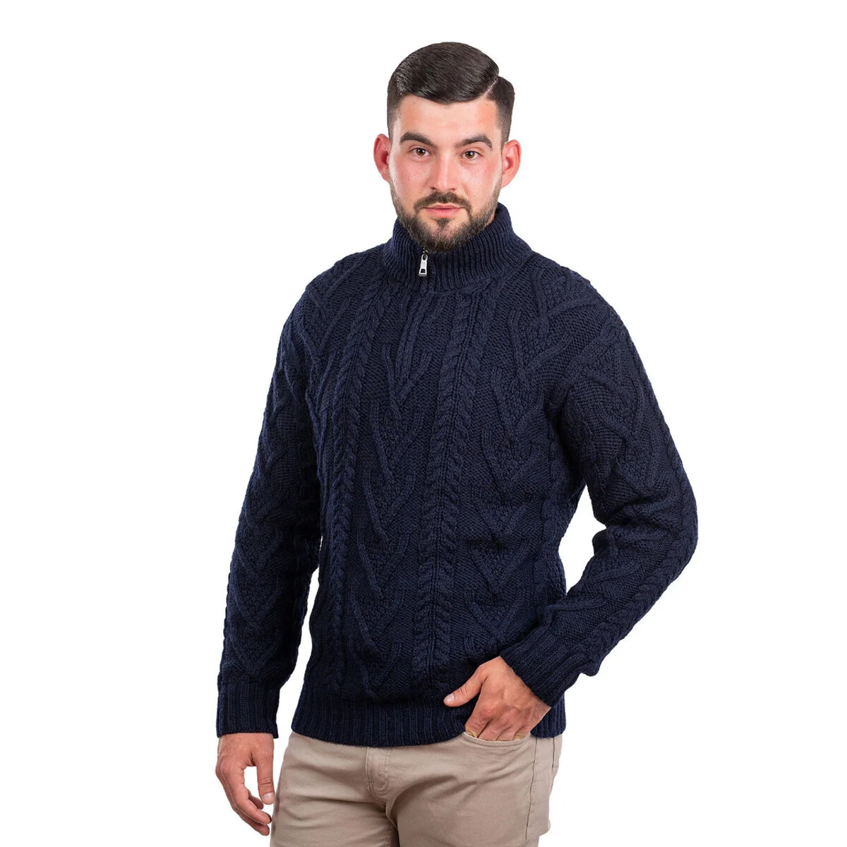 Merino Wool Aran Knit Men's Zip Sweater - Image 12 | Caelmoon