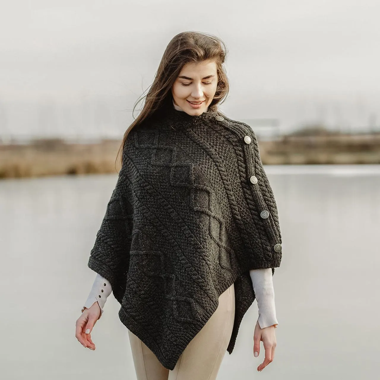 Merino Wool Cable Stitch Cowl Neck Poncho | Celtic Buttoned Irish Wrap - Featured Product | Caelmoon