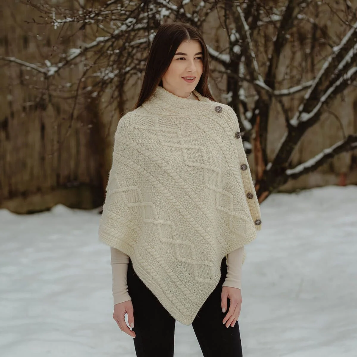 Merino Wool Cable Stitch Cowl Neck Poncho | Celtic Buttoned Irish Wrap - Image 3 | Caelmoon