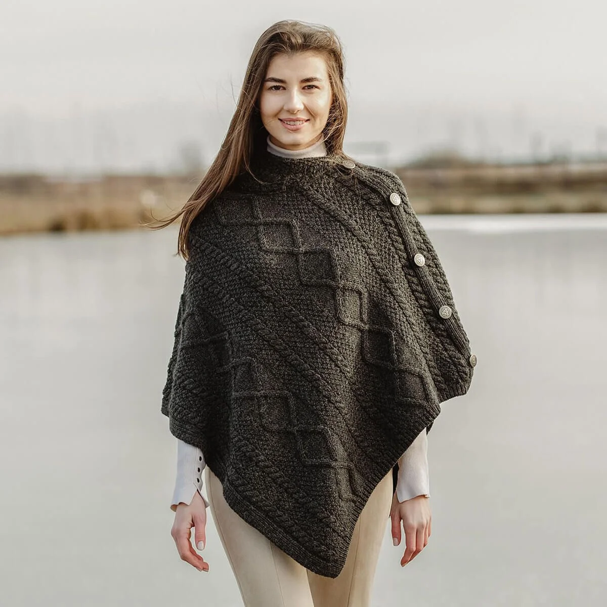 Merino Wool Cable Stitch Cowl Neck Poncho | Celtic Buttoned Irish Wrap - Image 4 | Caelmoon