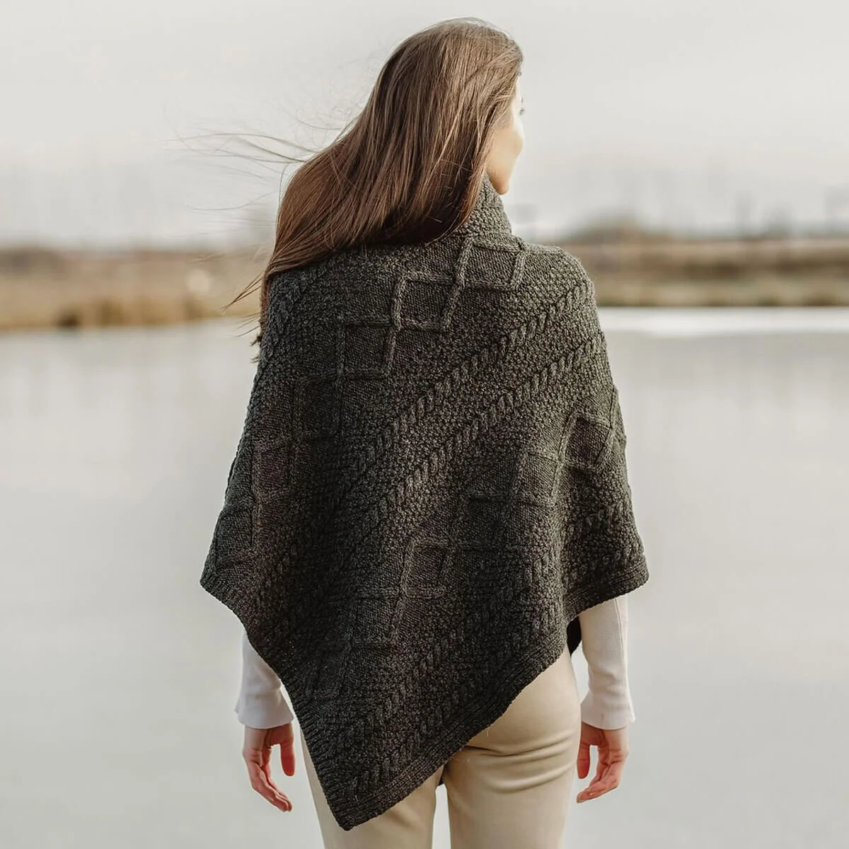 Merino Wool Cable Stitch Cowl Neck Poncho | Celtic Buttoned Irish Wrap - Image 5 | Caelmoon