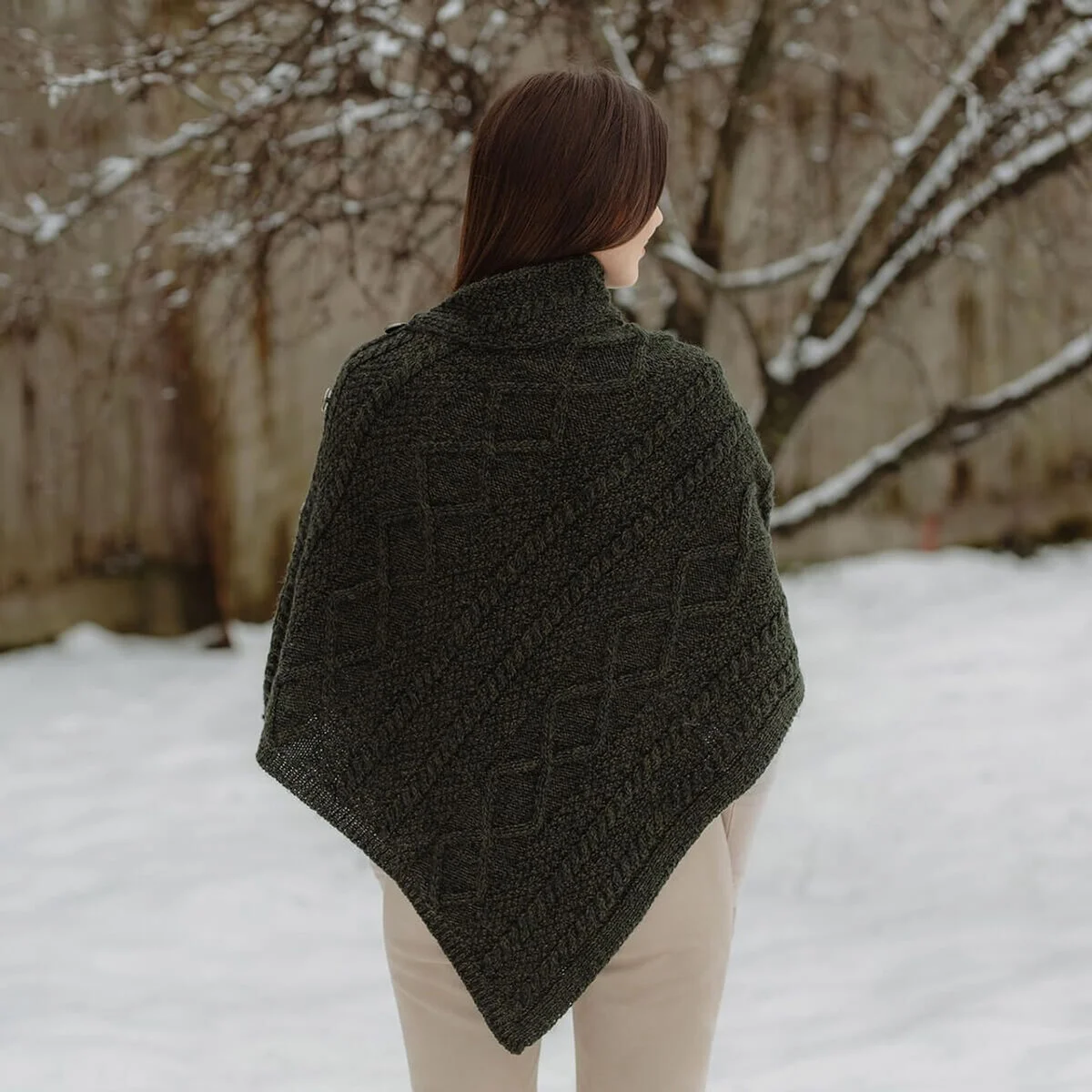 Merino Wool Cable Stitch Cowl Neck Poncho | Celtic Buttoned Irish Wrap - Image 7 | Caelmoon