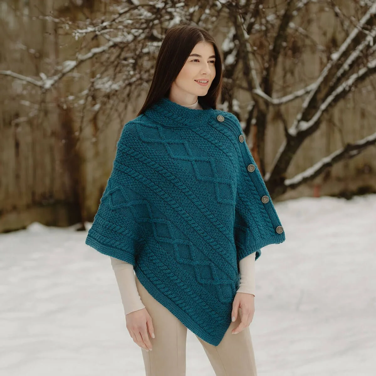 Merino Wool Cable Stitch Cowl Neck Poncho | Celtic Buttoned Irish Wrap - Image 8 | Caelmoon