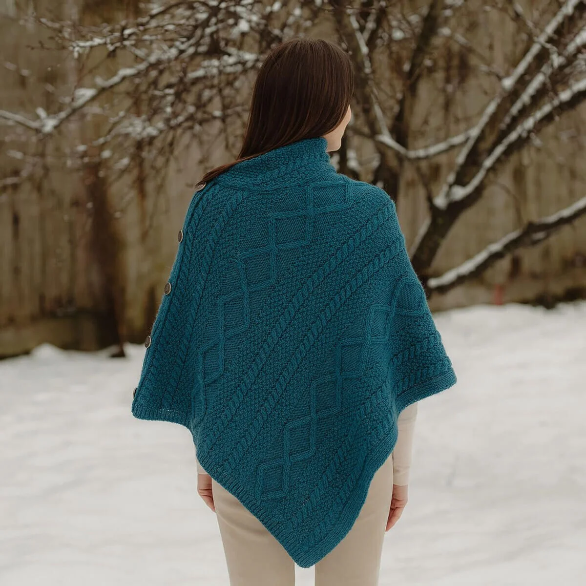 Merino Wool Cable Stitch Cowl Neck Poncho | Celtic Buttoned Irish Wrap - Image 9 | Caelmoon