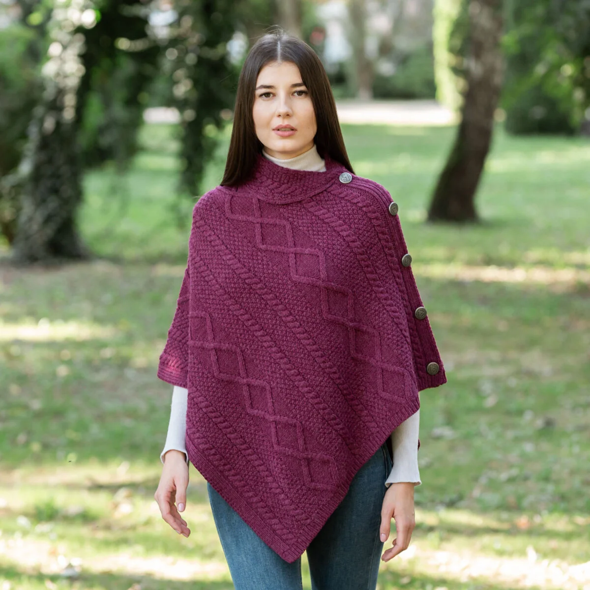 Merino Wool Cable Stitch Cowl Neck Poncho | Celtic Buttoned Irish Wrap - Image 10 | Caelmoon
