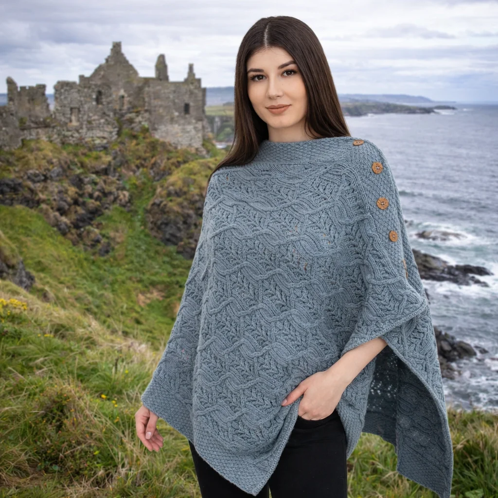 Merino Wool Ladies’ Poncho with Buttons – 100% Irish Merino Knit - Knitwear | Caelmoon
