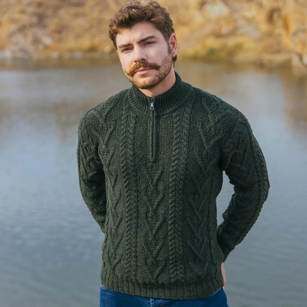 Merino Wool Aran Knit Men's Zip Sweater - Image 6 | Caelmoon