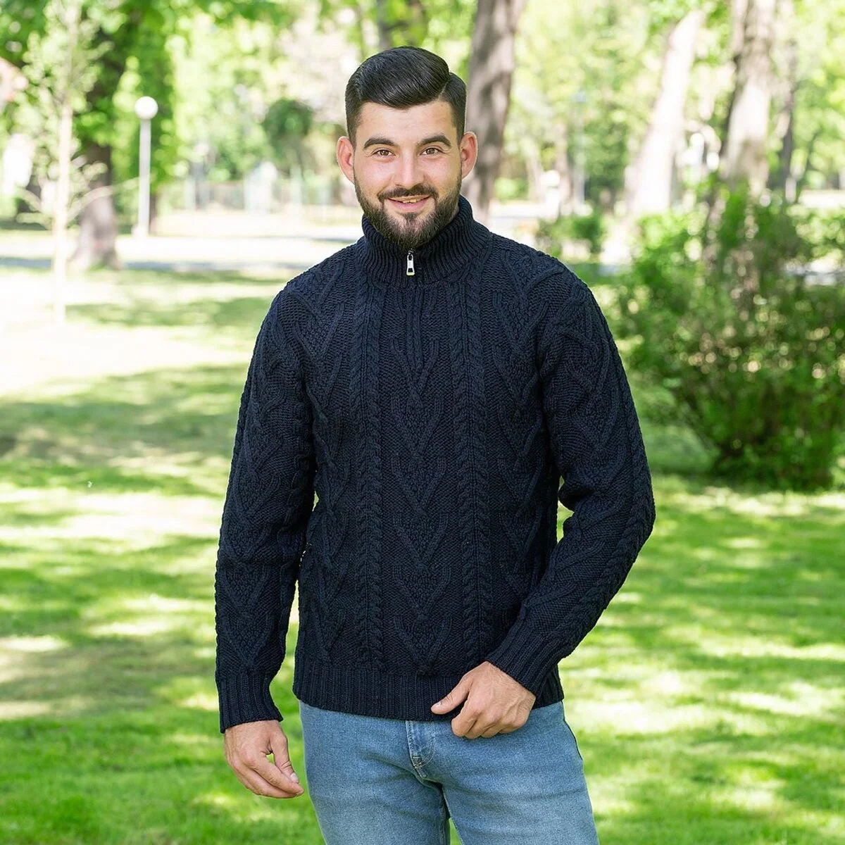 Merino Wool Aran Knit Men's Zip Sweater - Image 7 | Caelmoon