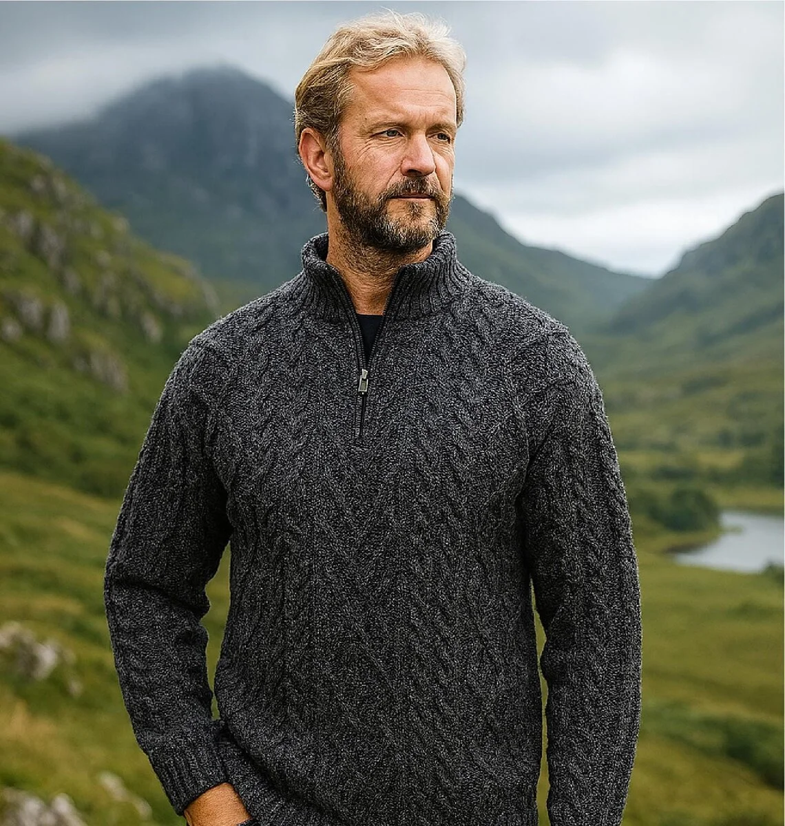 Merino Wool Aran Knit Men's Zip Sweater - Image 8 | Caelmoon