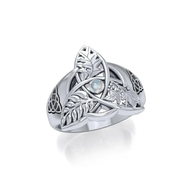 Oak, Ash & Thorn Trinity Knot Silver Ring with Rainbow Moonstone - Image 2 | Caelmoon