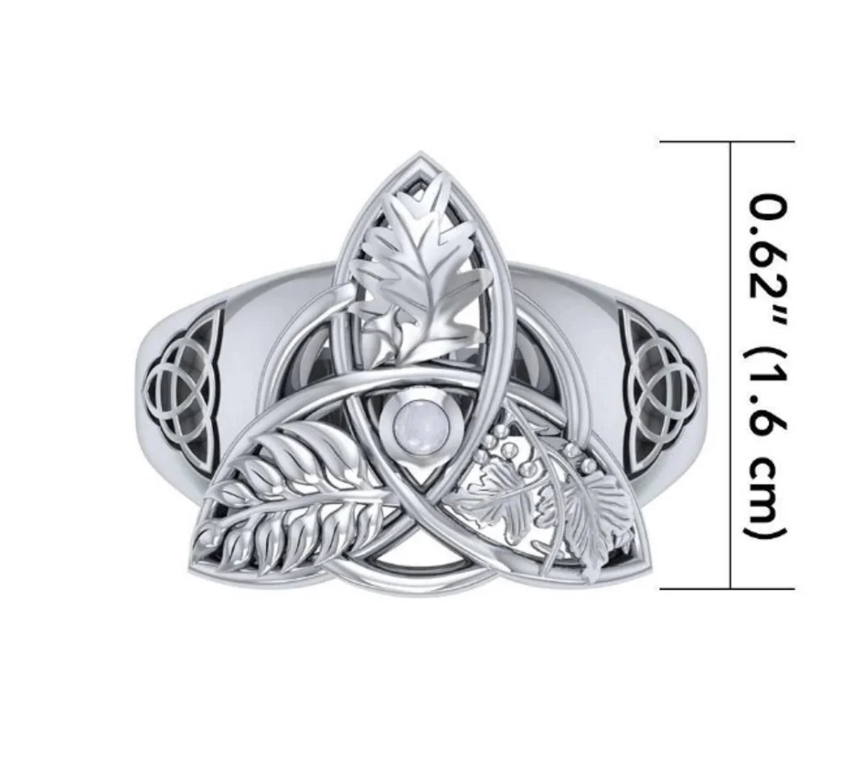 Oak, Ash & Thorn Trinity Knot Silver Ring with Rainbow Moonstone - Image 3 | Caelmoon