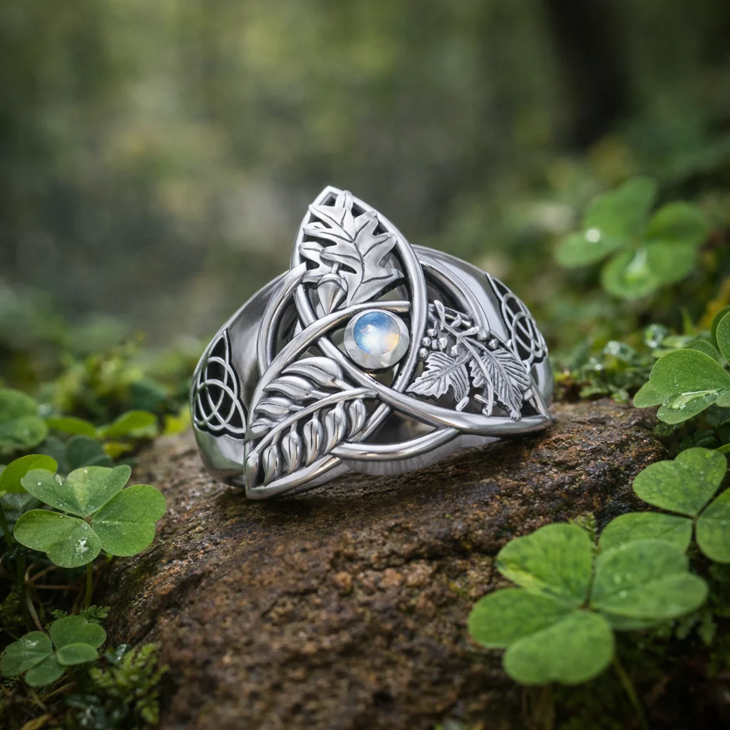 Oak, Ash & Thorn Trinity Knot Silver Ring with Rainbow Moonstone - Jewelry | Caelmoon