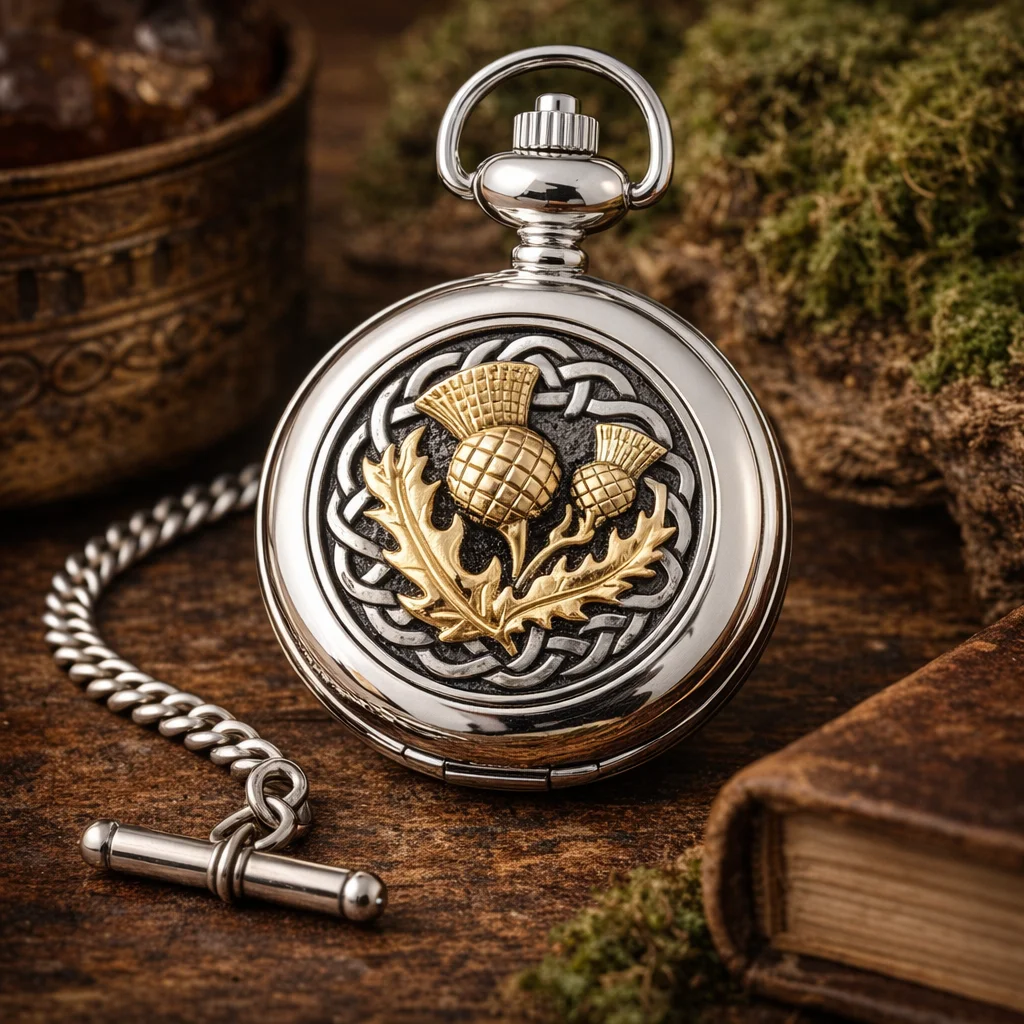 Pewter Thistle Quartz Pocket Watch – Celtic Scottish Heritage Timepiece | Caelmoon