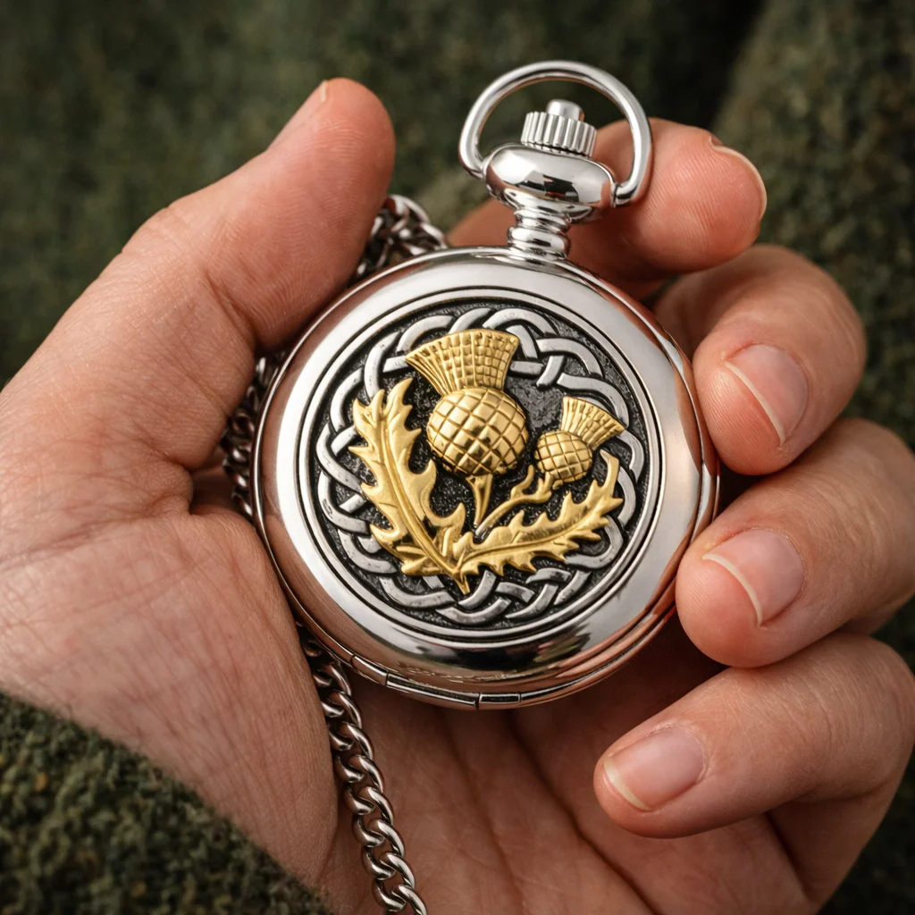 Pewter Thistle Quartz Pocket Watch – Celtic Scottish Heritage Timepiece - Image 3 | Caelmoon