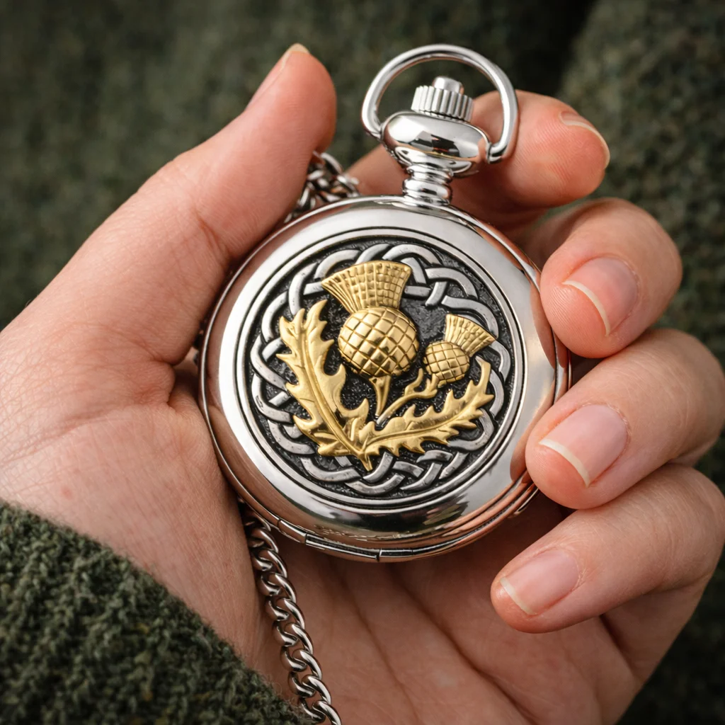 Pewter Thistle Quartz Pocket Watch – Celtic Scottish Heritage Timepiece - Image 2 | Caelmoon