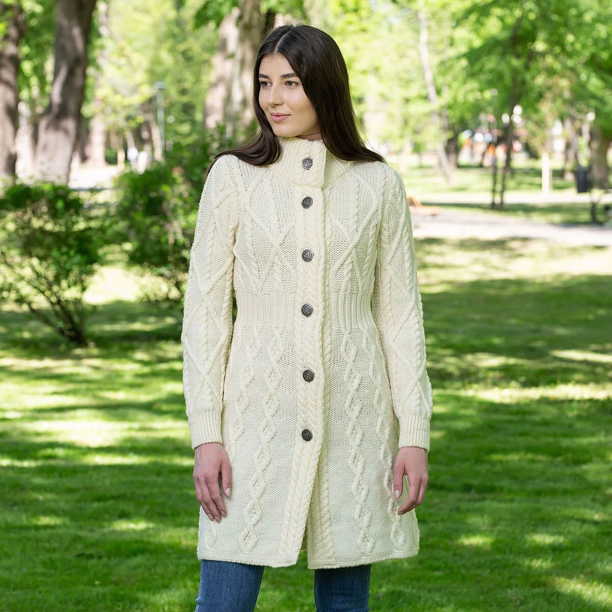 SAOL Aran Cable Signature Coat – 100% Merino Wool Irish Knitwear - Image 2 | Caelmoon