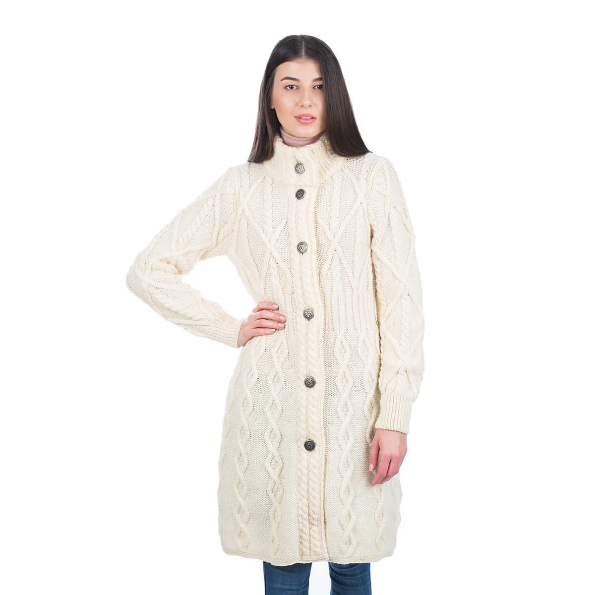 SAOL Aran Cable Signature Coat – 100% Merino Wool Irish Knitwear - Image 3 | Caelmoon