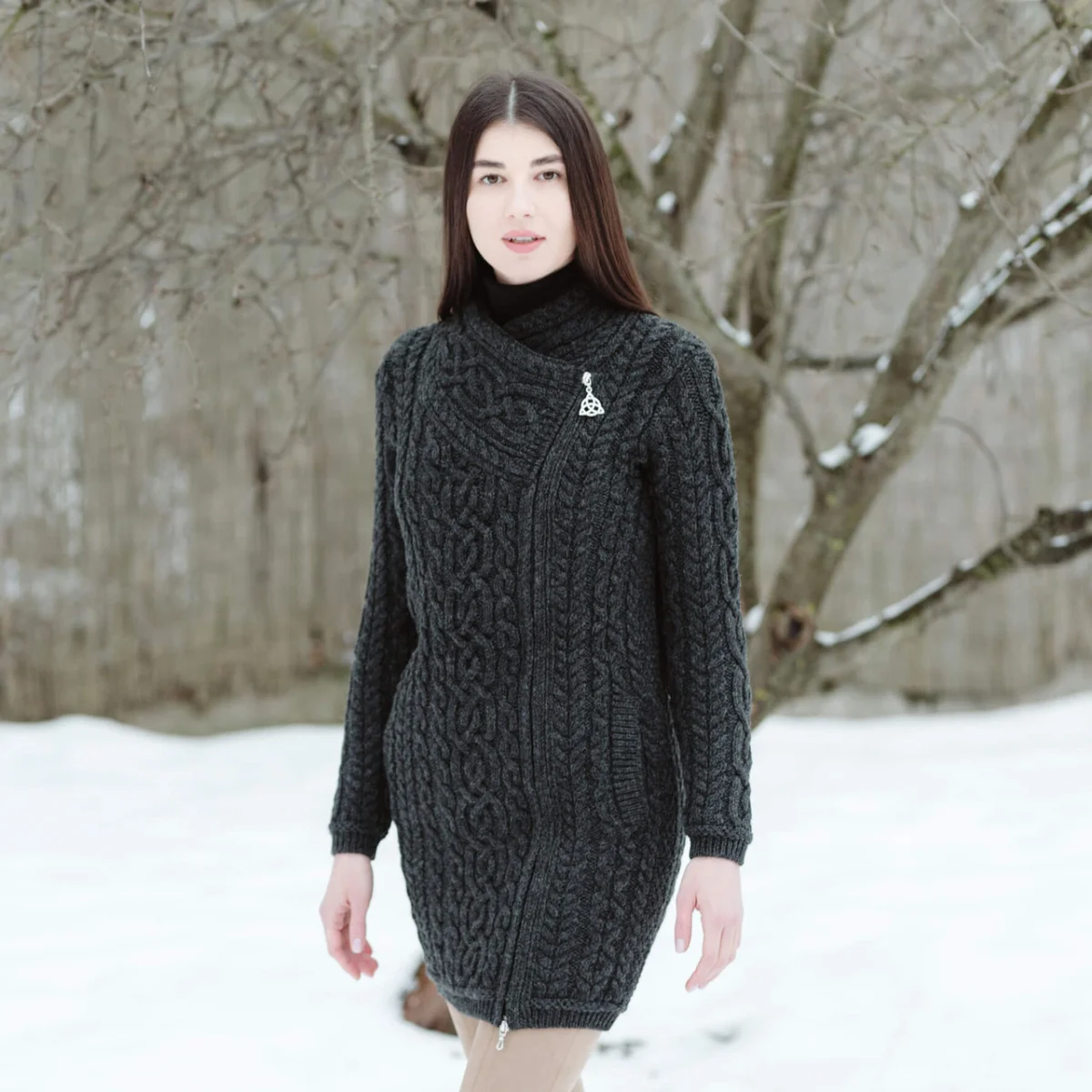 SAOL Cable Knit Side Zip Long Cardigan – 100% Merino Wool Irish Knitwear - Image 2 | Caelmoon