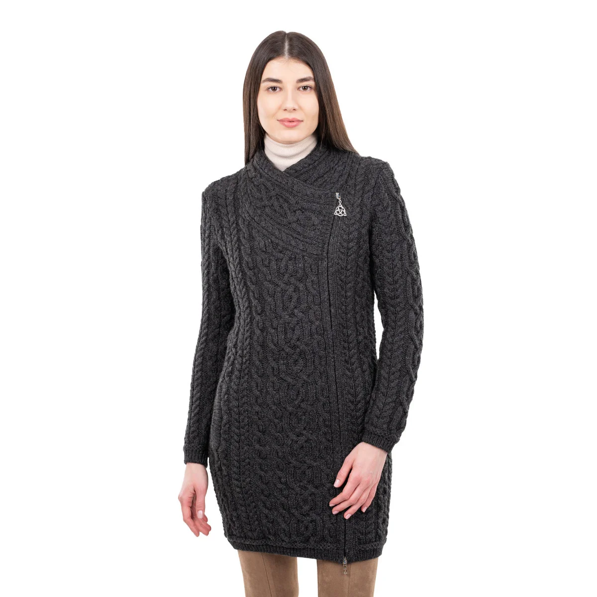 SAOL Cable Knit Side Zip Long Cardigan – 100% Merino Wool Irish Knitwear - Image 6 | Caelmoon