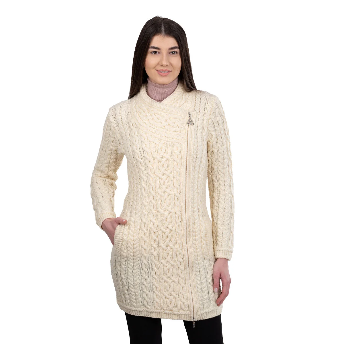 SAOL Cable Knit Side Zip Long Cardigan – 100% Merino Wool Irish Knitwear - Image 11 | Caelmoon