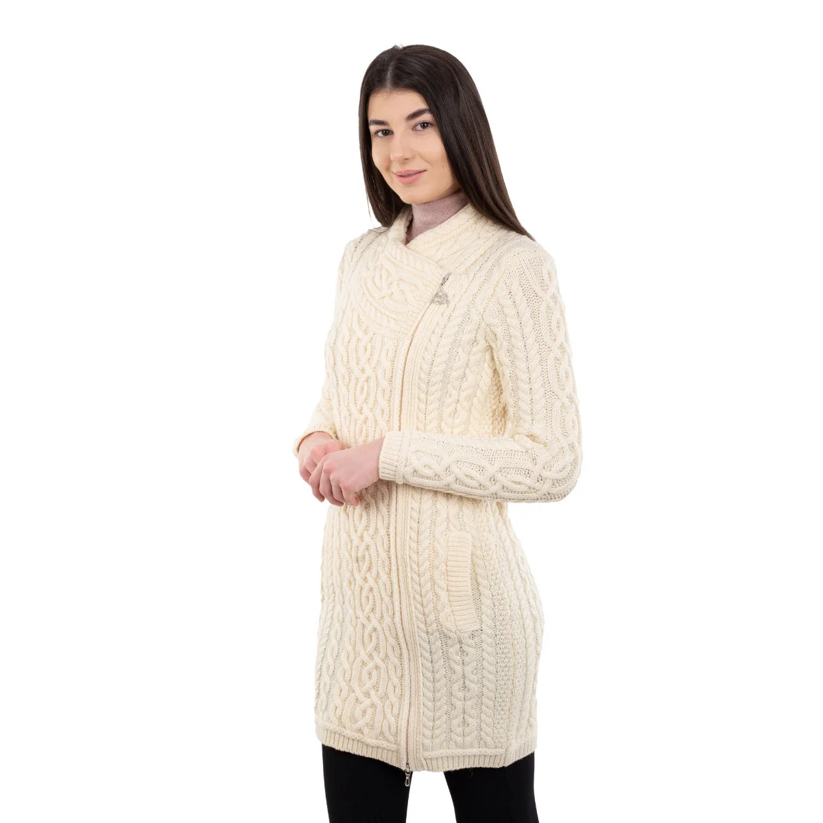 SAOL Cable Knit Side Zip Long Cardigan – 100% Merino Wool Irish Knitwear - Image 13 | Caelmoon