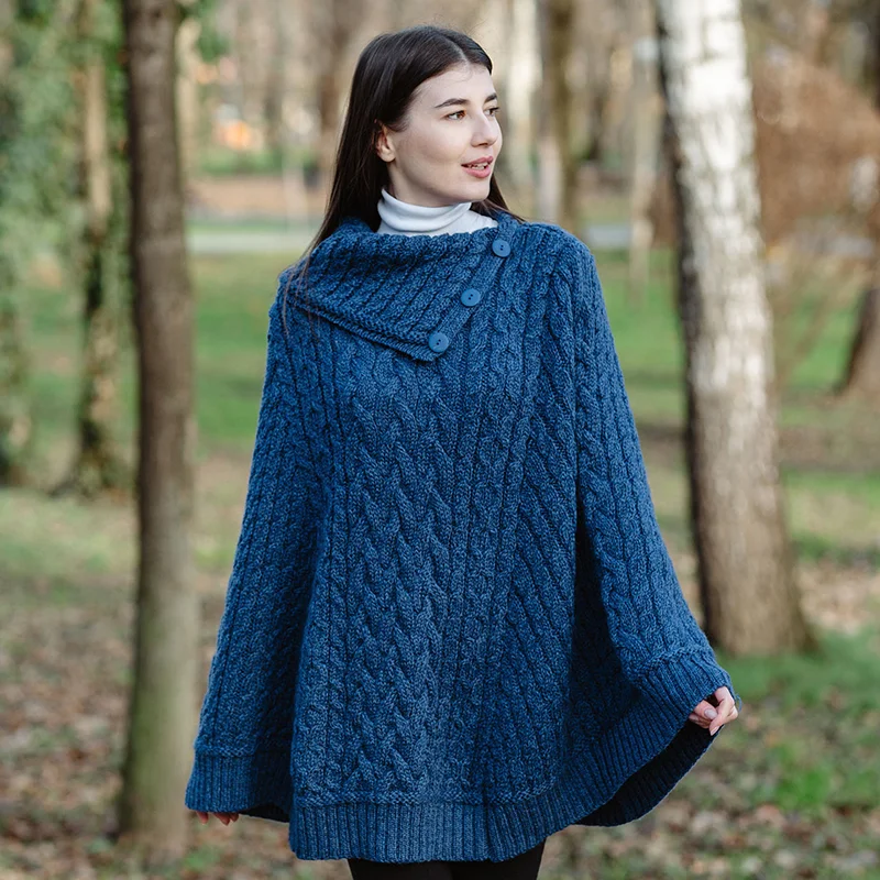 SAOL Women’s Cowl Neck Button Poncho – 100% Pure Merino Wool - Image 4 | Caelmoon