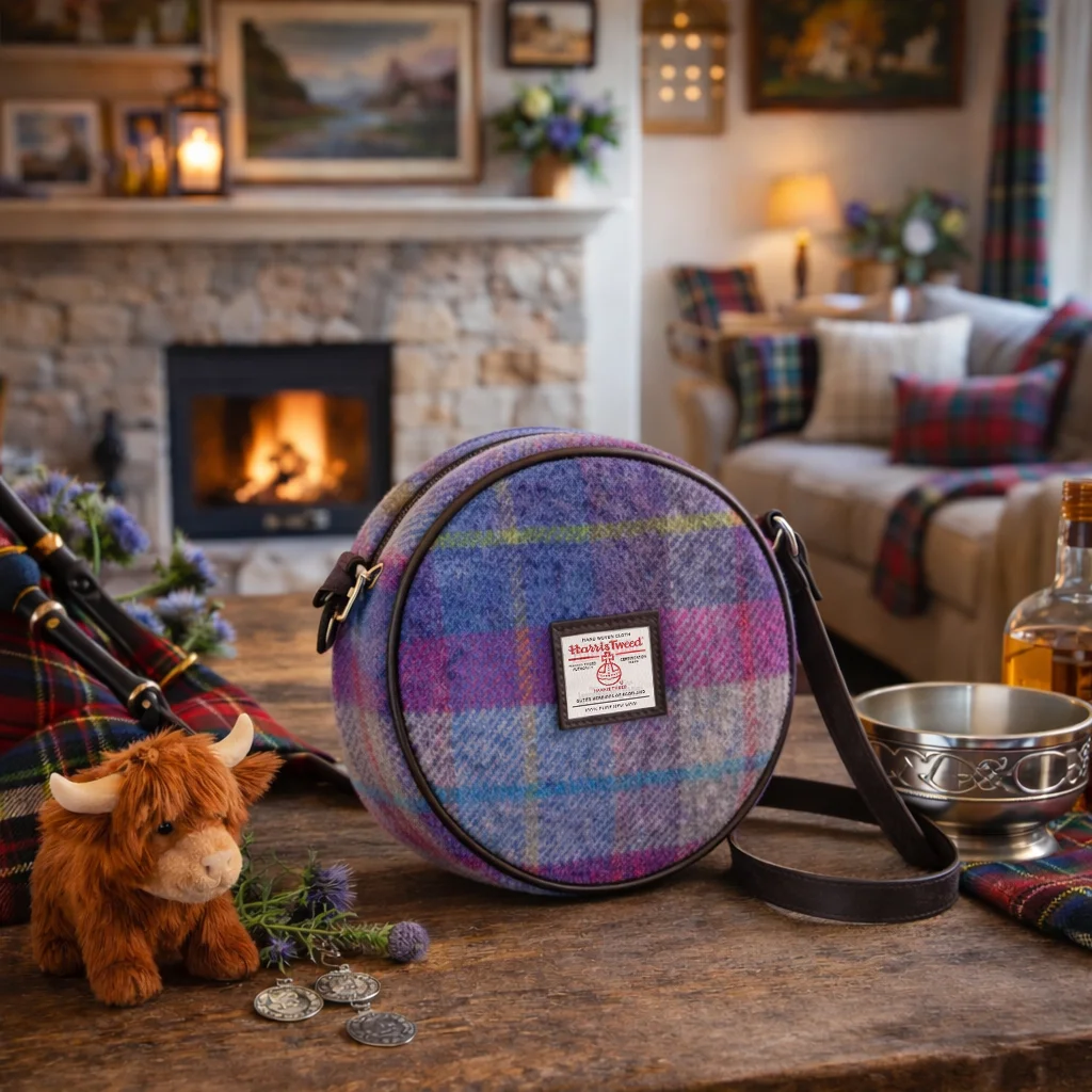 Scottish Harris Tweed Bannock Round Shoulder Bag – Authentic Wool Tartan Crossbody Purse - Image 3 | Caelmoon