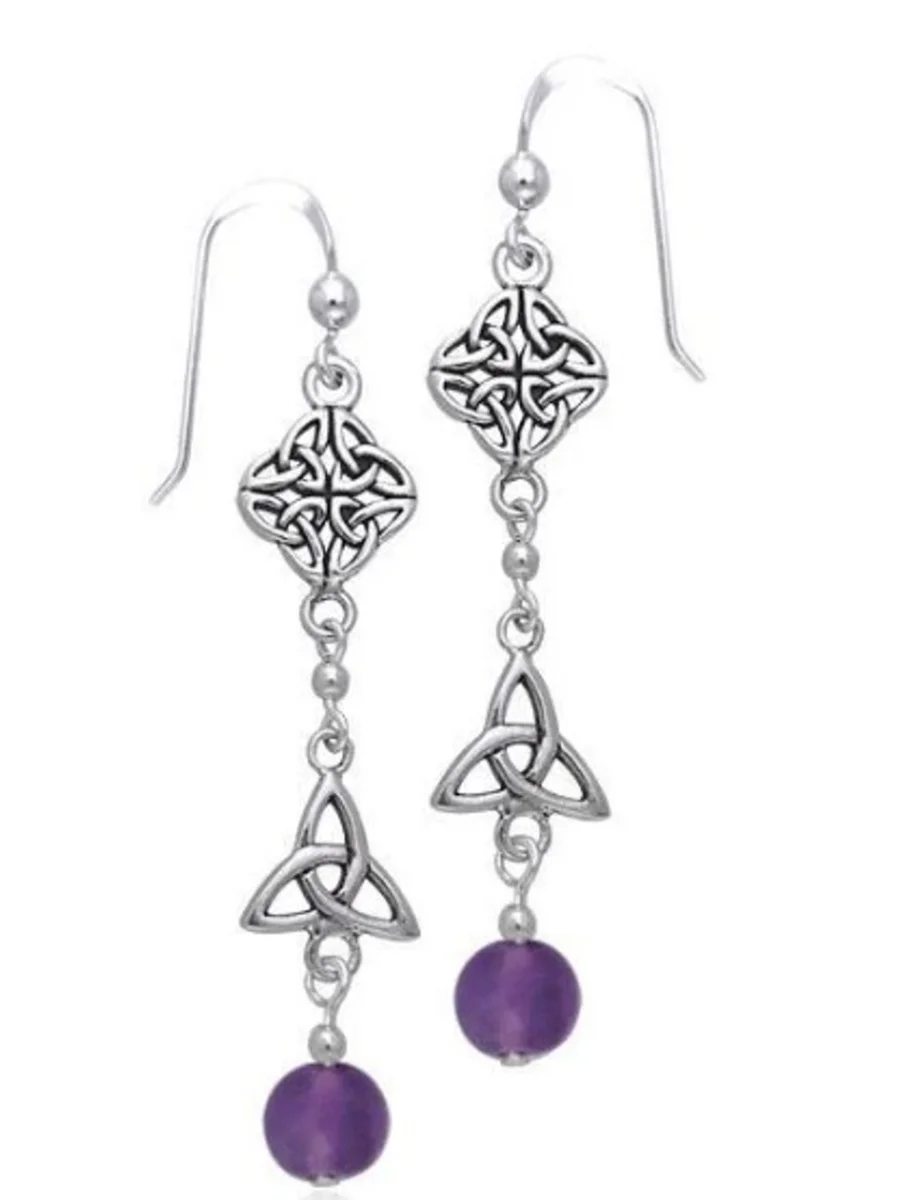 Silver Celtic Knot Drop Earrings with Amethyst Bead – Heritage Jewelry - Image 2 | Caelmoon