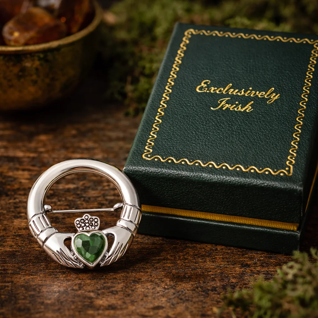Silver Irish Claddagh Brooch with Gemstone – Celtic Heritage Jewelry Gift - Jewelry | Caelmoon