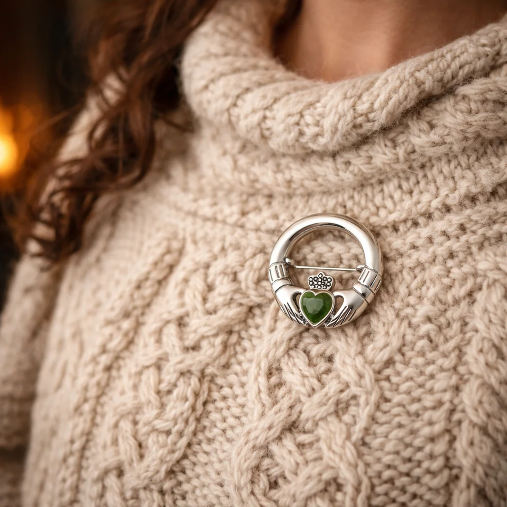 Silver Irish Claddagh Brooch with Gemstone – Celtic Heritage Jewelry Gift - Image 2 | Caelmoon