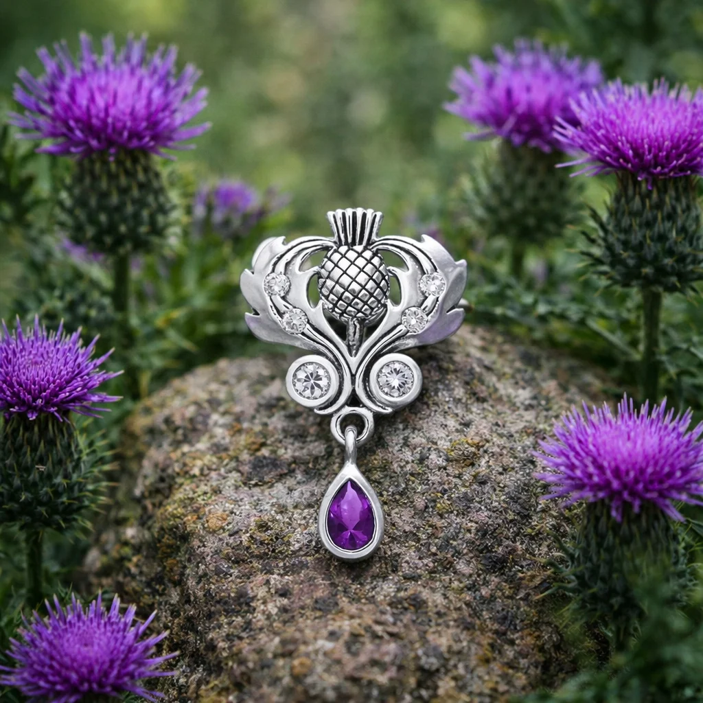 Silver Scottish Thistle Pendant with Amethyst – Sterling Scottish Jewelry - Featured Product | Caelmoon