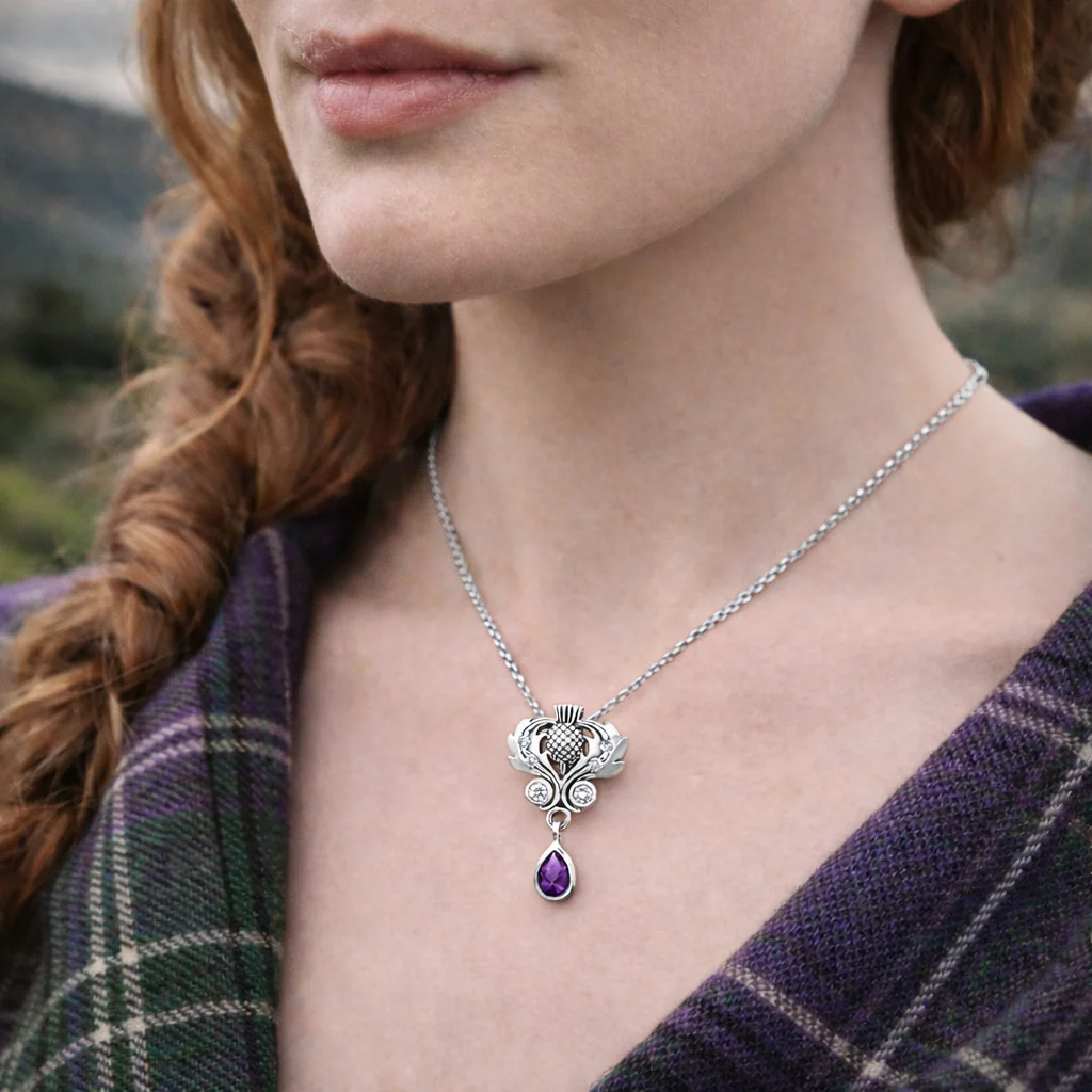 Silver Scottish Thistle Pendant with Amethyst – Sterling Scottish Jewelry - Image 2 | Caelmoon