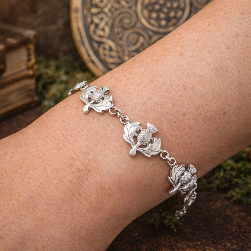 Sterling Silver Scottish Thistle Bracelet – Determination & Strength Jewelry - Image 2 | Caelmoon