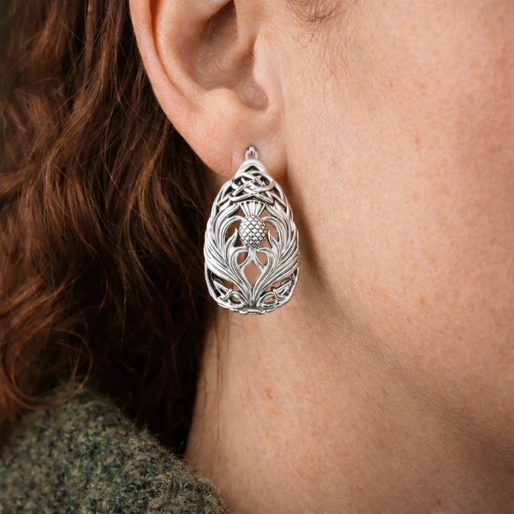 Teardrop Celtic Knotwork Post Earrings with Thistle Motif – Sterling Irish Heritage Jewelry - Image 2 | Caelmoon